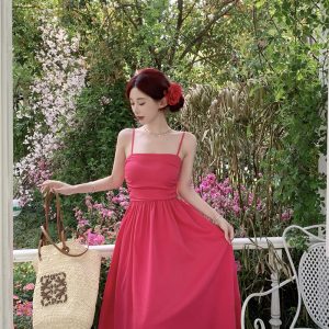 French Style Backless Pleated Midi Slip Dress