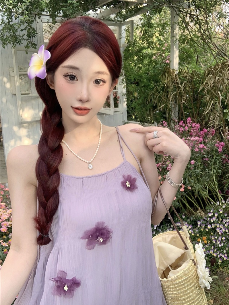 Smog Purple Sleeveless H-Line Midi Dress with 3D Floral Pleats for Vacation - Image 2