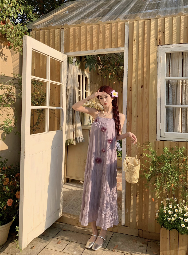 Smog Purple Sleeveless H-Line Midi Dress with 3D Floral Pleats for Vacation - Image 3