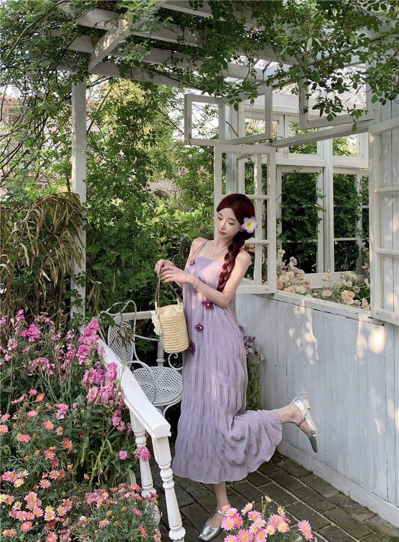 Smog Purple Sleeveless H-Line Midi Dress with 3D Floral Pleats for Vacation - Image 4