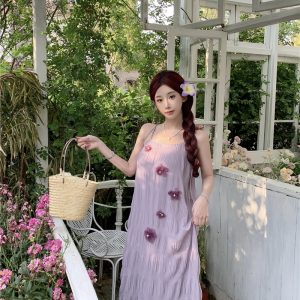Smog Purple Sleeveless H-Line Midi Dress with 3D Floral Pleats for Vacation
