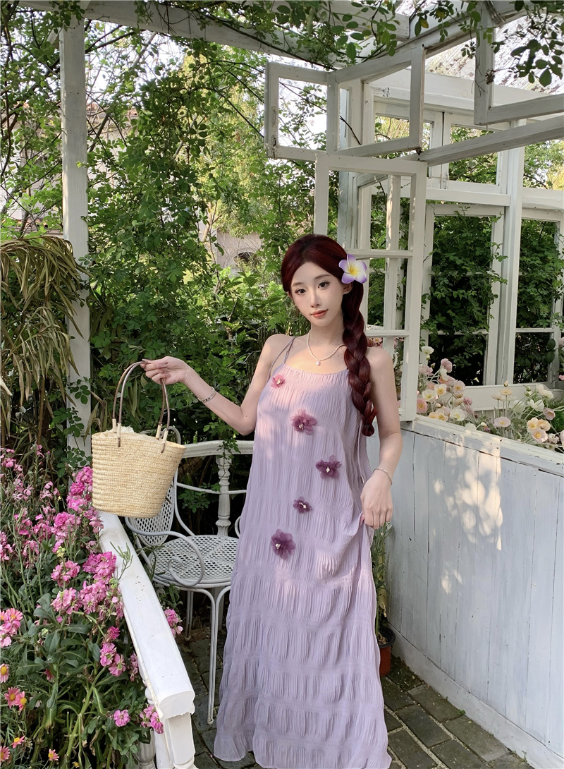 smog-purple-sleeveless-h-line-midi-dress-with-3d-floral-pleats-for-vacation