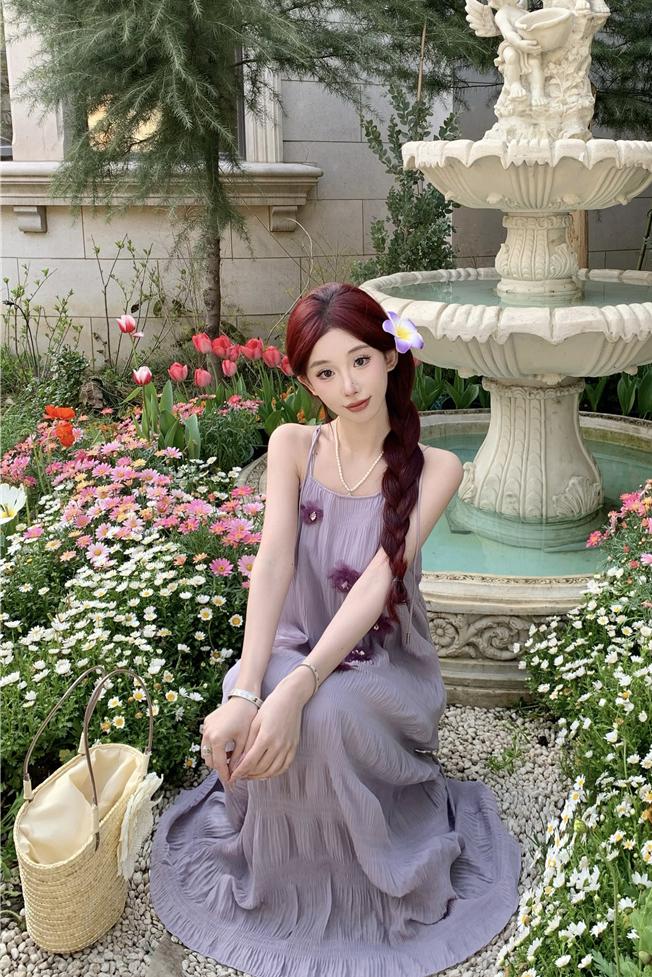 Smog Purple Sleeveless H-Line Midi Dress with 3D Floral Pleats for Vacation - Image 5