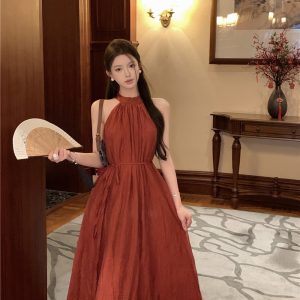 Elegant Flowy Loose Comfortable Halter Dress Women Summer French Sleeveless Waist Tie Long Dress