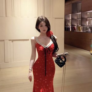 Floral Red Sleeveless V-Neck Lace Cami Midi Dress for Women Summer Vacation