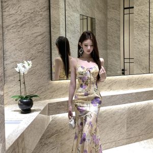 French Floral Midi Dress with Mermaid Hem Vacation Style