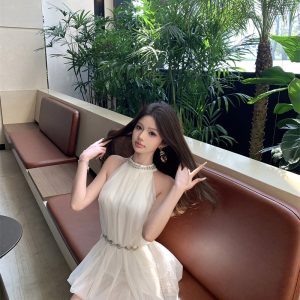 Elegant Diamond-Studded Halter Mesh Sleeveless Short Dress