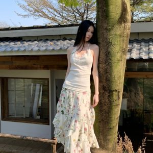 Spring Summer Knit Lace Cami Print Asymmetric Hem Irregular Skirt Vacation Set