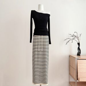 Laareetoo Women Summer High Waist Striped Lyocell Knit Skirt Slimming Bodycon Long Skirt