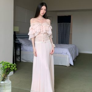 Spring Summer Water Pink Ruffle Off-Shoulder Slimming Long Dress Two-Piece Set for Women