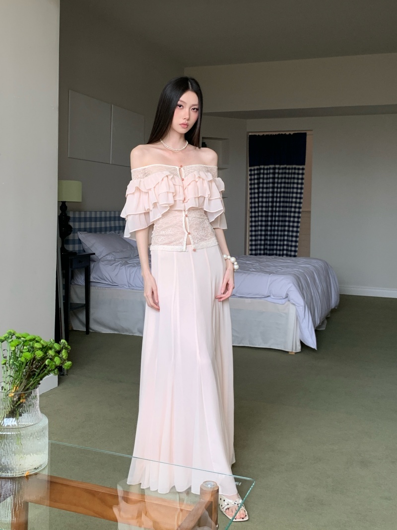 spring-summer-water-pink-ruffle-off-shoulder-slimming-long-dress-two-piece-set-for-women
