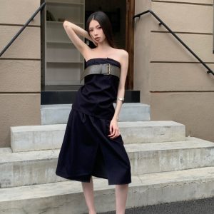Women's Summer Vacation Two-Piece Set with Tube Top and Pleated Skirt