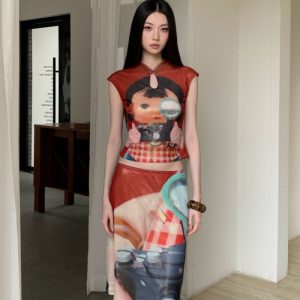 New Chinese Style Vintage Mesh Print Top and Skirt Qipao Set