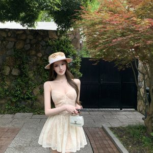 Elegant Lace A-Line Cami Dress with Padded Cups for Women