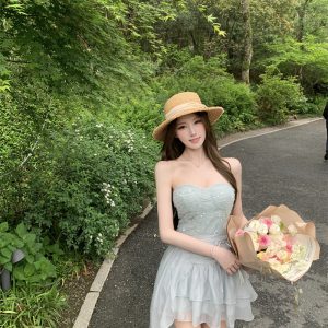 Summer Lace Sequin Mesh Fairy Waist Cinch Pure Desire Vacation Date Birthday Cami Puffy Mini Dress