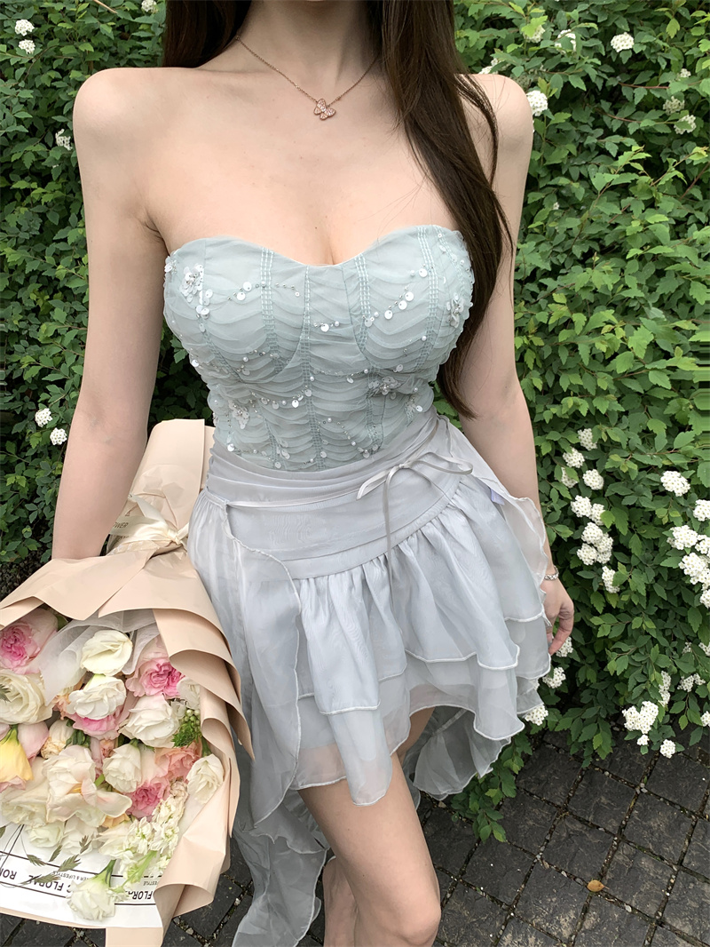 Summer Lace Sequin Mesh Fairy Waist Cinch Pure Desire Vacation Date Birthday Cami Puffy Mini Dress - Image 2
