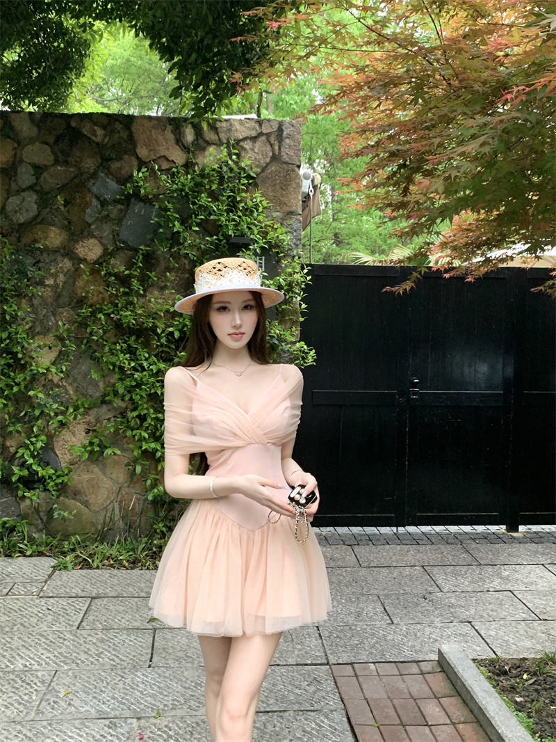 Sweet Ballet Style Cross Mesh Spliced Waist Cinched Dress - Image 2