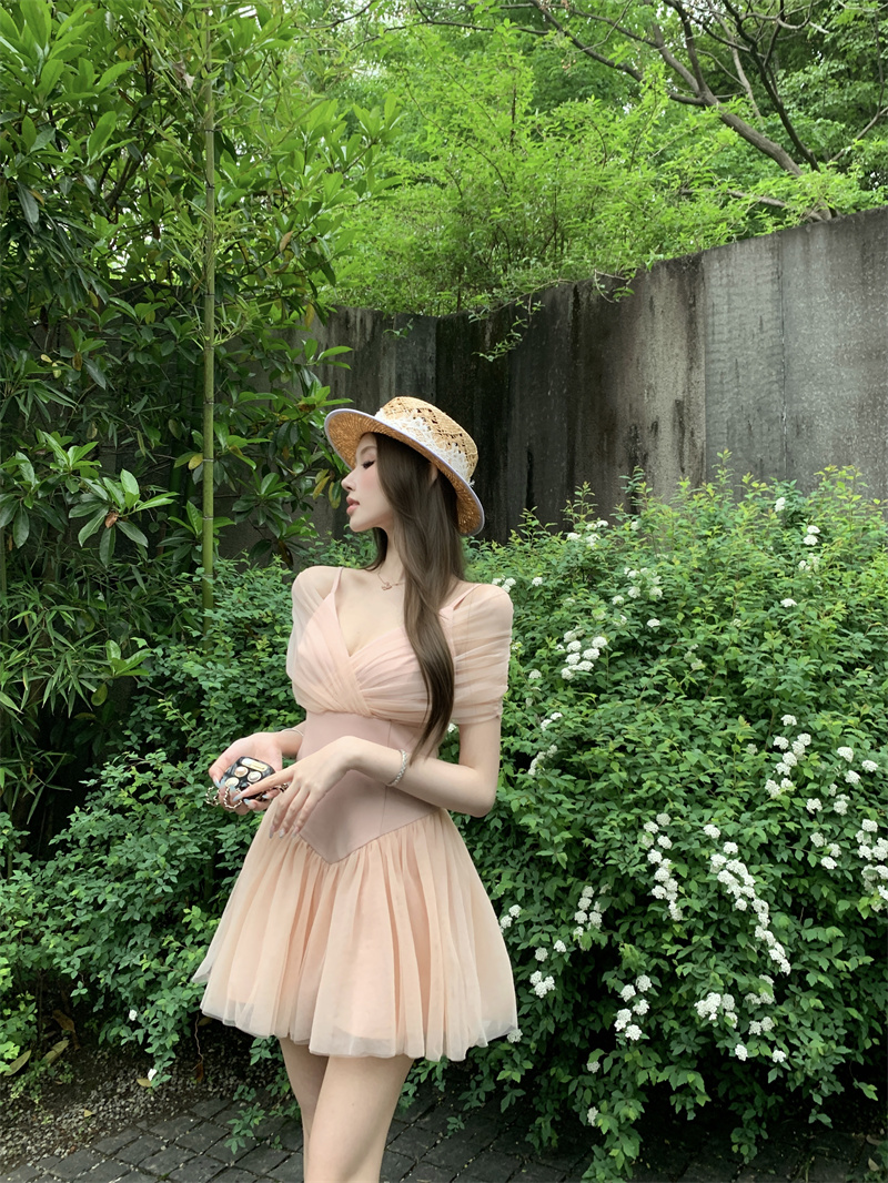 Sweet Ballet Style Cross Mesh Spliced Waist Cinched Dress - Image 4