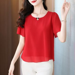 Plus Size Women's Chiffon Top Short Sleeve Summer 2026 Solid Color Pullover