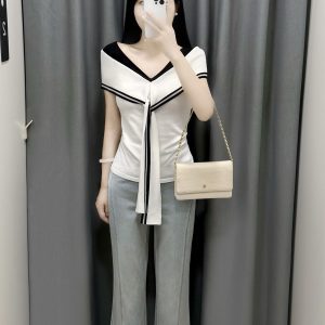 Women's Summer Sleeveless Sailor Collar Knit Top French Style Slim Fit White