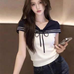 Korean Bow Tie Knit T-Shirt Women Summer Slimming V-Neck Sleeveless Top