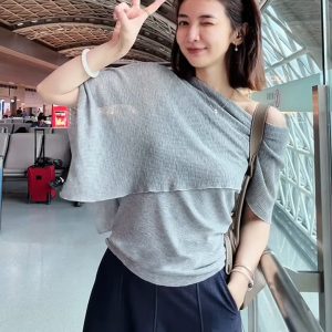 Korean Style Shawl Patchwork Knit Top Women Summer New Design Faux Two Piece Layered Pullover