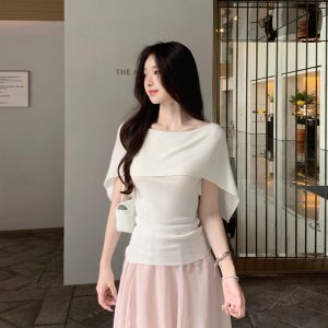Old Money Off-Shoulder Cape Short-Sleeve Knit Top for Women Summer