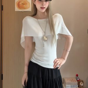 Old Money Off-Shoulder Cape Short-Sleeve Knit Top for Women Summer Relaxed Waist-Cinched Drape
