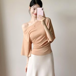Korean Style One-Shoulder Knit Top for Women 2026 Summer Slimming Short Sleeve - Style 714645