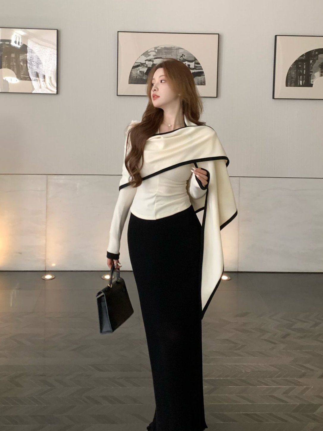 Korean Style Two-Piece Knit Sweater Set with Triangle Shawl Design Slimming Long Sleeve Top - Image 2