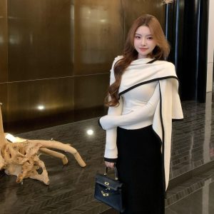Korean Style Two-Piece Knit Sweater Set with Triangle Shawl Design Slimming Long Sleeve Top