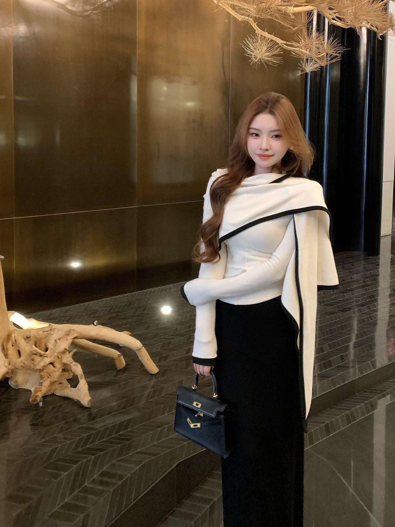 Korean Style Two-Piece Knit Sweater Set with Triangle Shawl Design Slimming Long Sleeve Top