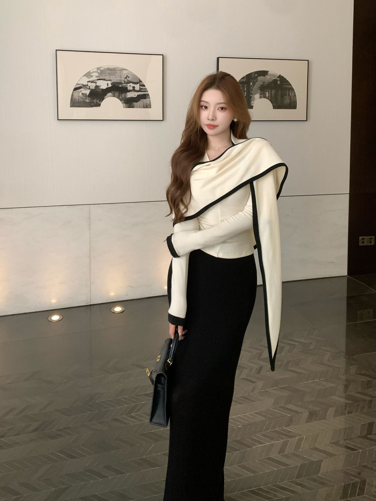 Korean Style Two-Piece Knit Sweater Set with Triangle Shawl Design Slimming Long Sleeve Top - Image 3