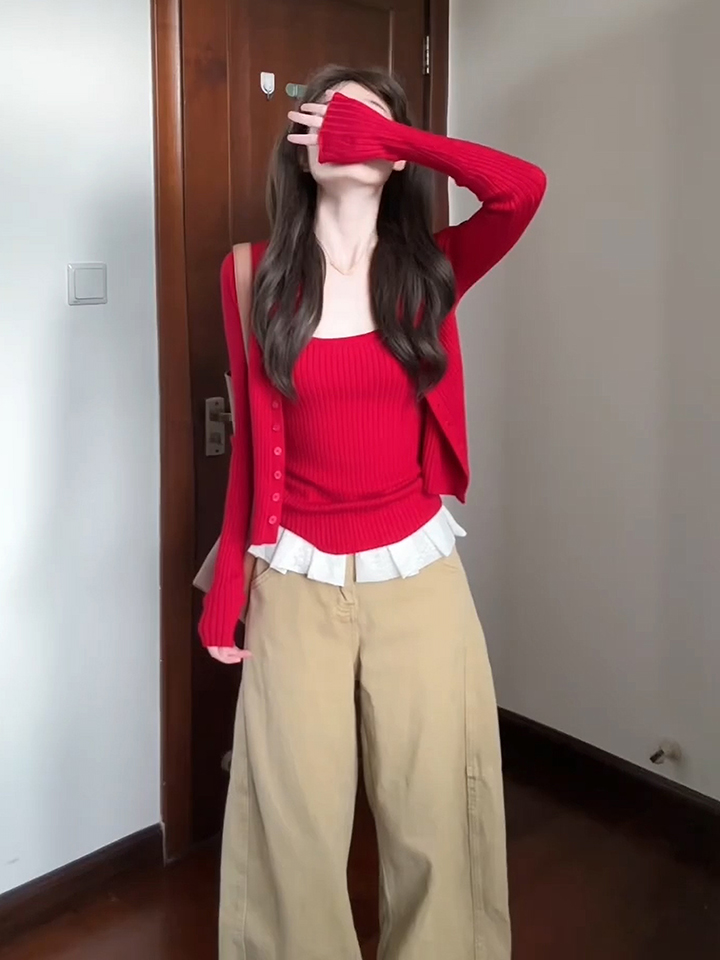 Women's Knit Cami Cardigan Two-Piece Set Early Autumn Korean Chic Style - Image 2