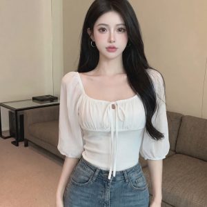 White Lantern Sleeve Chiffon Blouse for Women Early Autumn Sheer Mesh Top